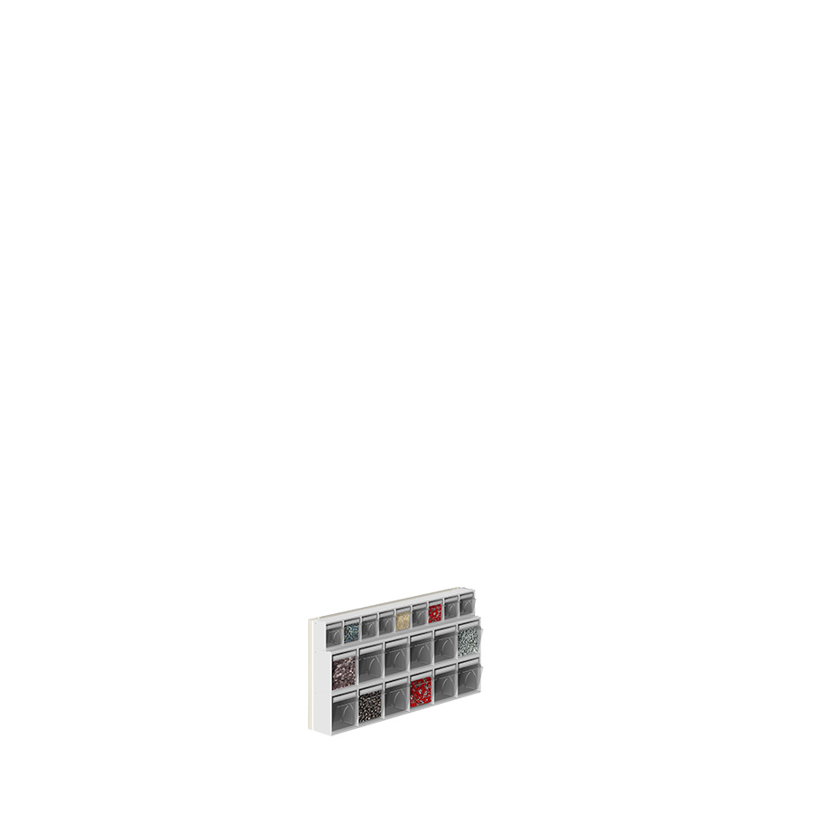 [042443] Soporte expositor metálico para fijar a pared con cajones Unibox - Dim.: 600x81x300h mm - Gris ral 7035