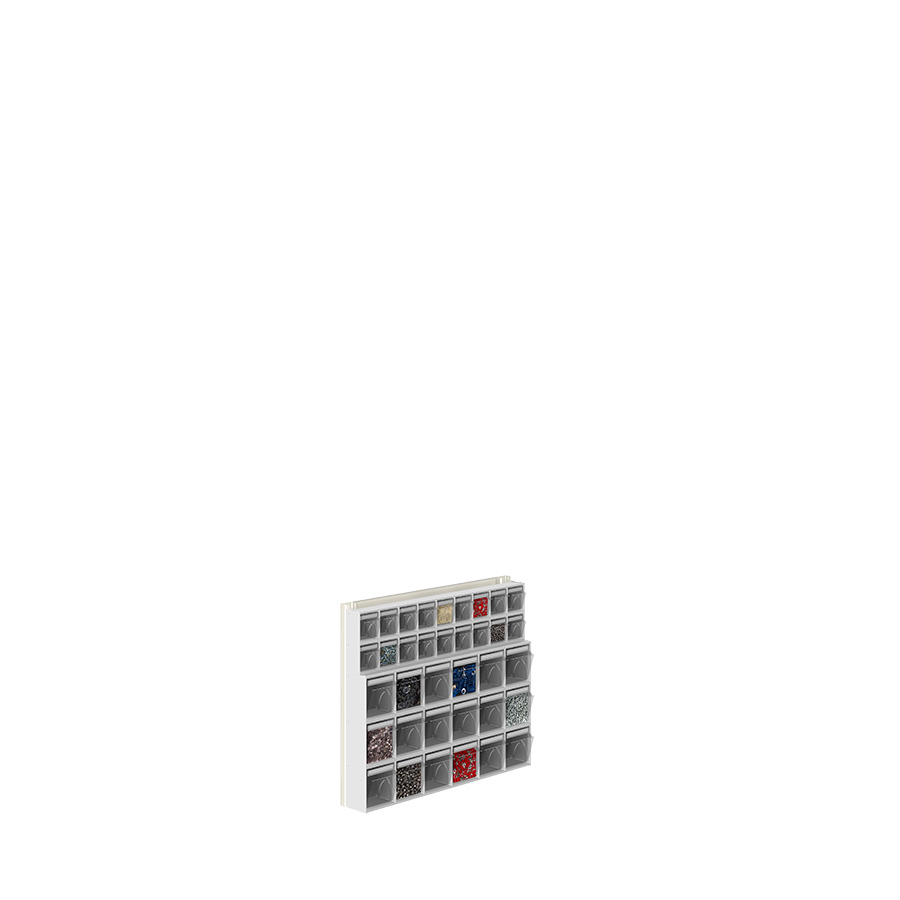 [042447] Soporte expositor metálico para fijar a pared con cajones Unibox - Dim.: 600x81x500h mm - Gris ral 7035