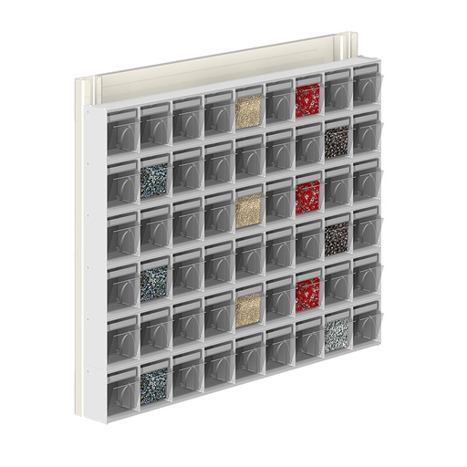 [042449] Soporte expositor metálico para fijar a pared con cajones Unibox - Dim.: 600x71x500h mm - Gris ral 7035