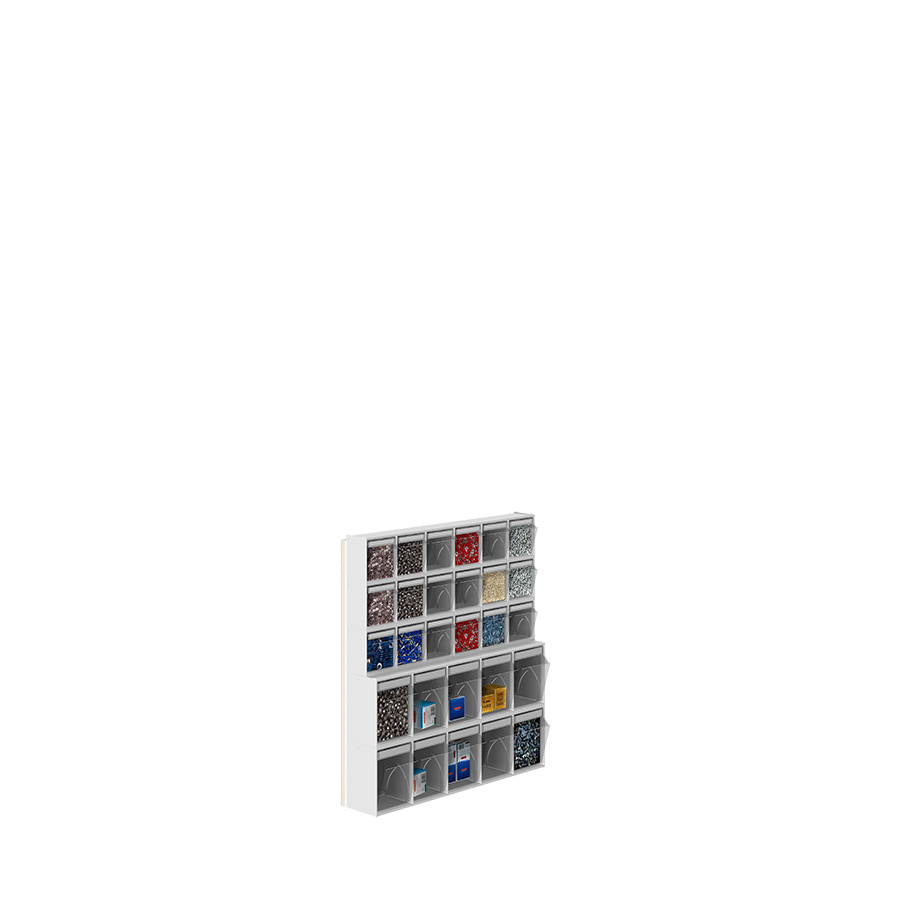 [042452] Soporte expositor metálico para fijar a pared con cajones Unibox - Dim.: 600x153x660h mm - Gris ral 7035