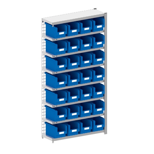 [043996] Módulo adicional de estantería metálica con 28 cajas Openbox SK azules - Dim.: 1008x324x2000h mm - Acero cincado