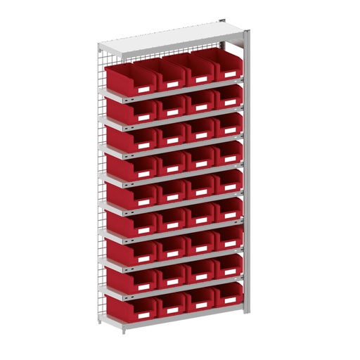 [044253] Módulo adicional de estantería metálica con 36 cajas Openbox SK rojas - Dim.: 1008x324x2000h mm - Acero cincado