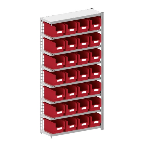 [044271] Módulo adicional de estantería metálica con 28 cajas Openbox SK rojas - Dim.: 1008x324x2000h mm - Acero cincado