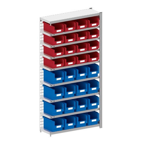 [044304] Módulo adicional de estantería metálica con 32 cajas Openbox SK, 16 rojas y 16 azules - Dim.: 1008x324x2000h mm - Acero cincado