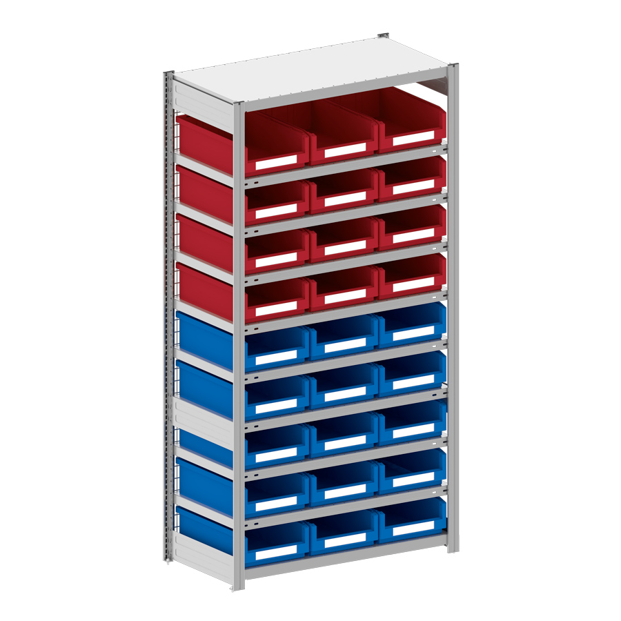 [044307] Estantería metálica con 27 cajas Openbox SK, 12 rojas y 15 azules - Dim.: 1058x524x2000h mm - Acero cincado