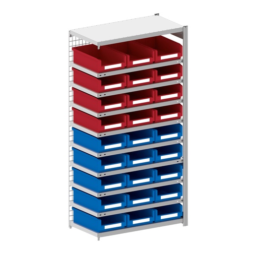 [044310] Módulo adicional de estantería metálica con 27 cajas Openbox SK, 12 rojas y 15 azules  - Dim.: 1008x524x2000h mm - Acero cincado