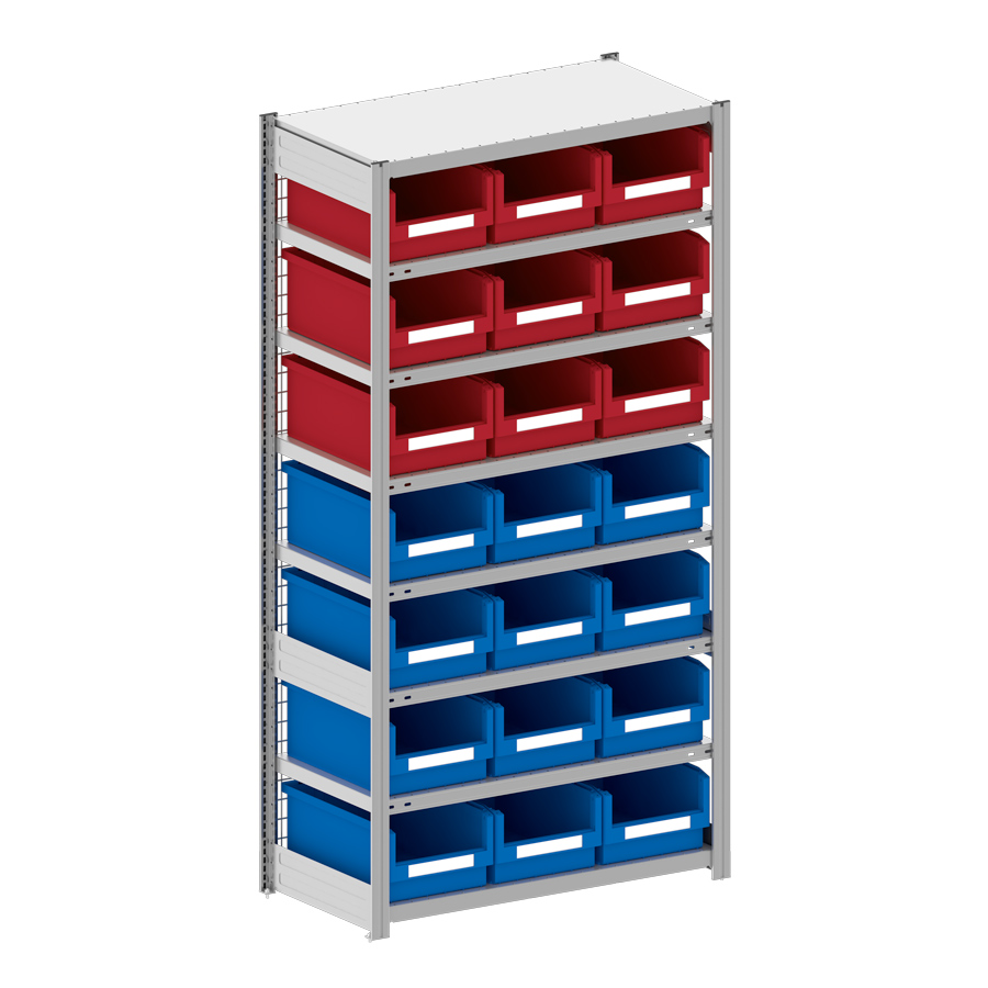 [044320] Estantería metálica con 21 cajas Openbox SK, 12 azules y 9 rojas - Dim.: 1058x524x2000h mm - Acero cincado