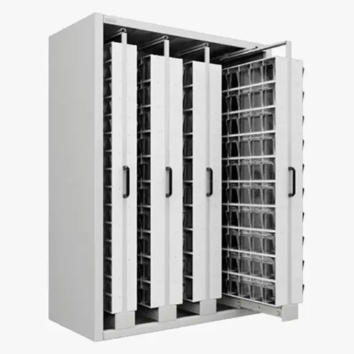 [044958] Estantería metálica con 4 estantes verticales extraíbles con contenedores Unibox - Dim.: 1481x707x2000h mm - Gris ral 7035