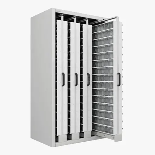 [044963] Estantería metálica con 4 estantes verticales extraíbles con contenedores Unibox - Dim.: 1073x707x2000h mm - Gris ral 7035