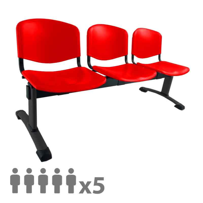 [045253] Banqueta con asientos de polipropileno 5 plazas y patas negras - Dim.: 2500x600x770h mm - Rojo