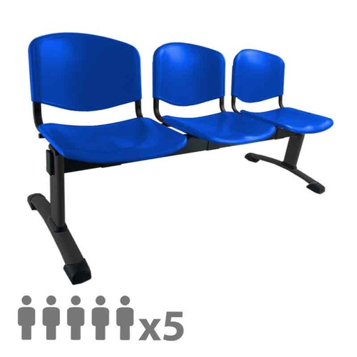 [045254] Banqueta con asientos de polipropileno 5 plazas y patas negras - Dim.: 2500x600x770h mm - Azul