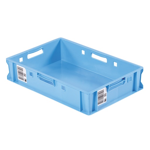 [045459] Caja plástica para industria cárnica con fondo y paredes lisas y 4 asas abiertas - Dim.: 600x400x125h mm - Azul claro