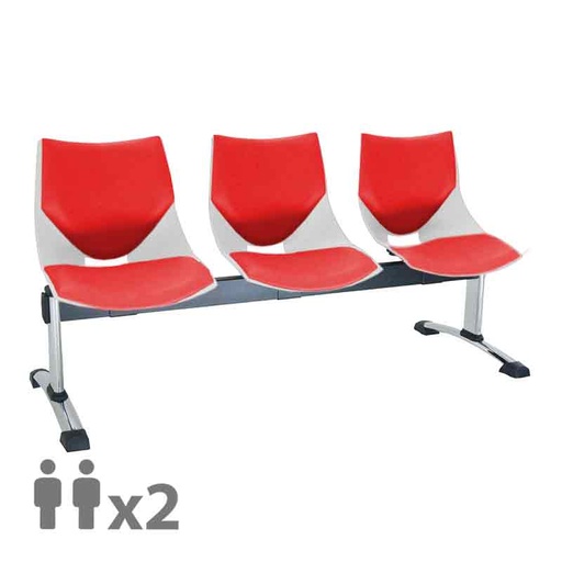 [045522] Banqueta con asientos plásticos monoblock blancos tapizados en rojo y patas cromadas - 2 plazas - Dim.: 1000x600x770h mm
