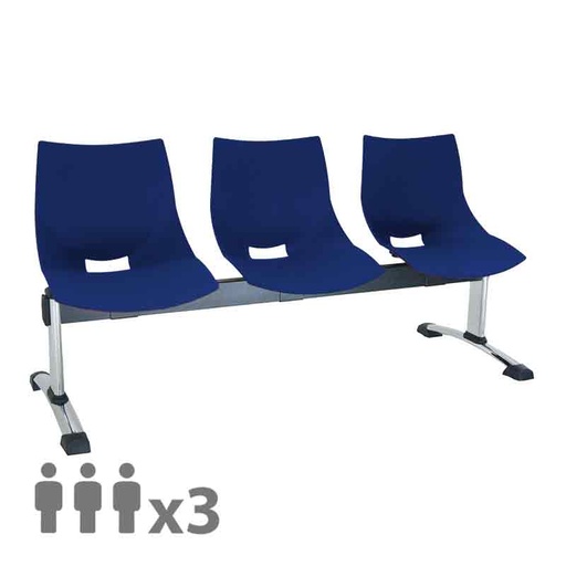 [045527] Banqueta con asientos plásticos monoblock azules y patas cromadas - 3 plazas - Dim.: 1500x600x770h mm
