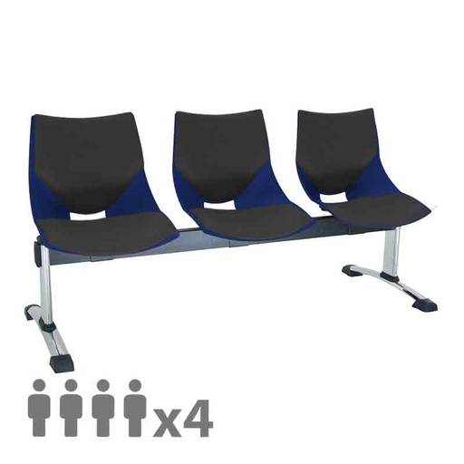 [045532] Banqueta con asientos plásticos monoblock azules tapizados en negro y patas cromadas - 4 plazas - Dim.: 2000x600x770h mm
