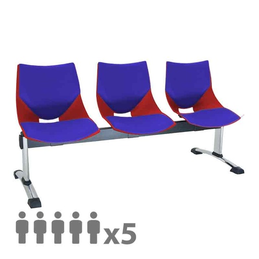 [045549] Banqueta con asientos plásticos monoblock rojos tapizados en azul y patas cromadas - 5 plazas - Dim.: 2500x600x770h mm