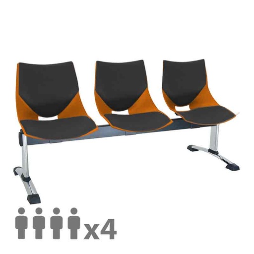 [045556] Banqueta con asientos plásticos monoblock naranjas tapizados en negro y patas cromadas - 4 plazas - Dim.: 2000x600x770h mm