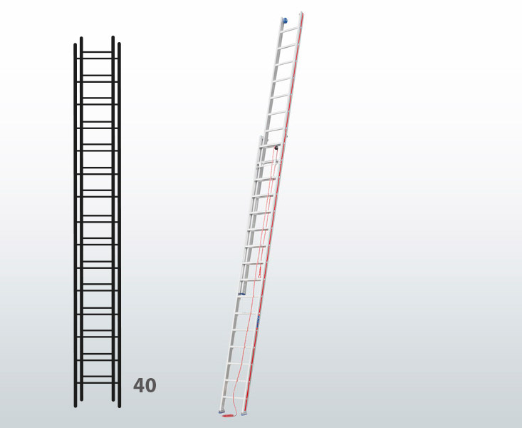 [045804] Escalera de dos tramos extensibles mediante cuerda para uso profesional con 40 peldaños - Dim.: 425 x 11460h mm - Aluminio