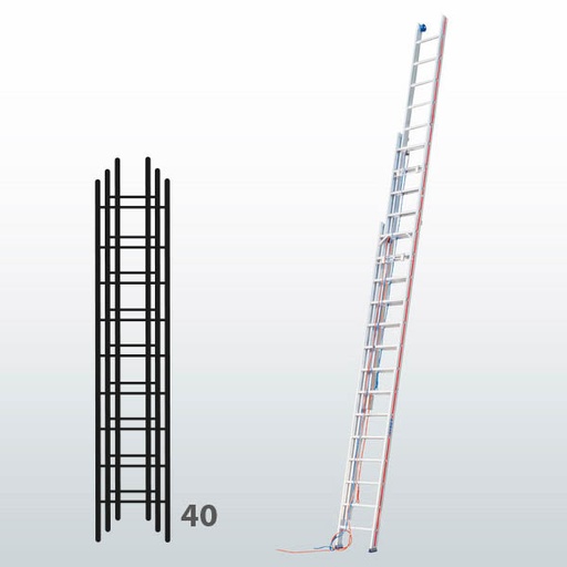 [045809] Escalera manual de tres tramos extensibles con cuerda para uso profesional con 40 peldaños - Dim.: 490 x 11460h mm - Aluminio