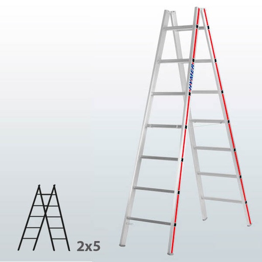 [045817] Escalera manual de tijera con acceso doble para uso profesional con 2x5 peldaños - Aluminio 