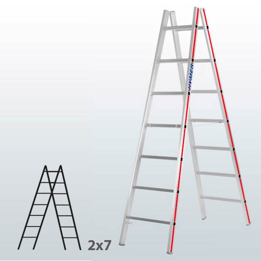 [045819] Escalera manual de tijera con acceso doble para uso profesional con 2x7 peldaños - Aluminio 