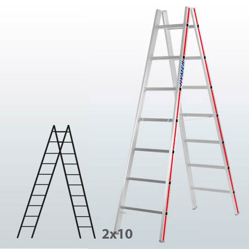 [045822] Escalera manual de tijera con acceso doble para uso profesional con 2x10 peldaños - Aluminio 