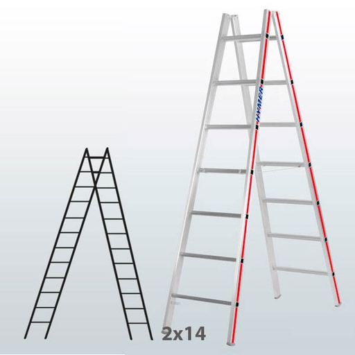 [045824] Escalera manual de tijera con acceso doble para uso profesional con 2x14 peldaños - Aluminio 