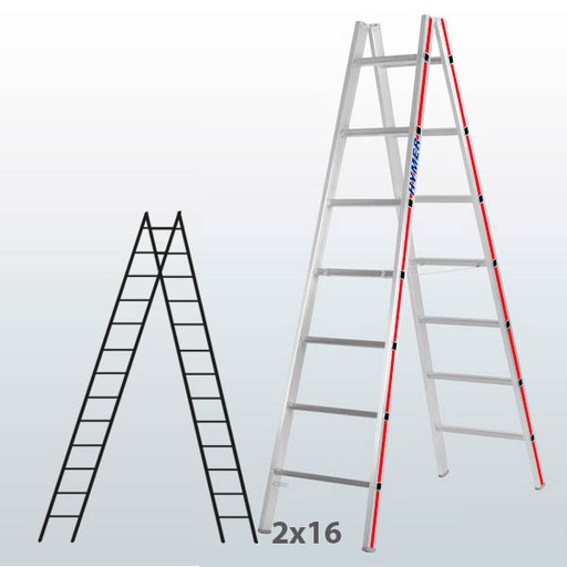 [045825] Escalera manual de tijera con acceso doble para uso profesional con 2x16 peldaños - Aluminio