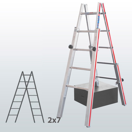 [045846] Escalera de mano con patas telescópicas y 14 peldaños para desniveles - Dim.: 565 x 60 x 2050h mm - Aluminio