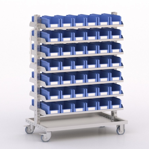 [045983] Carro modular con 14 bandejas y 84 cajas Openbox azules - Dim.: 1035x613x1365h mm - Cincado y Gris ral 7035