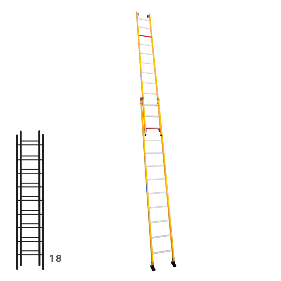 [046291] Escalera de fibra de vidrio apoyable de dos tramos con 2 x 9 peldaños - Dim.: 438 x 4680h mm - amarillo