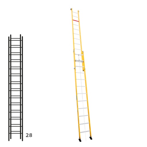 [046306] Escalera de fibra de vidrio apoyable de dos tramos con cuerda con 2 x 14 peldaños - Dim.: 450 x 7200h mm - amarillo