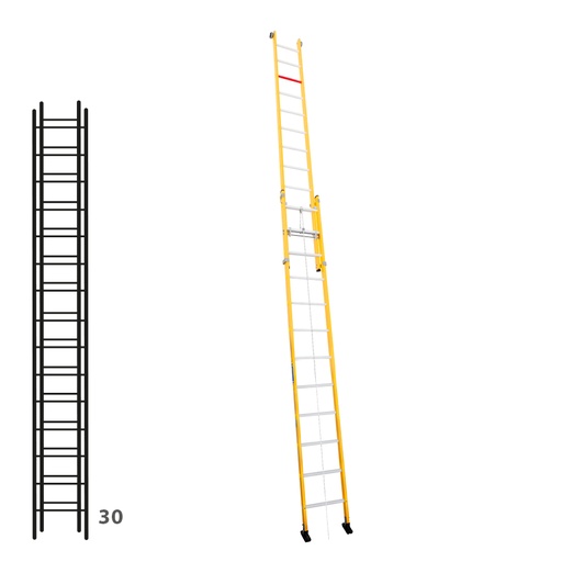 [046307] Escalera de fibra de vidrio apoyable de dos tramos con cuerda con 2 x 15 peldaños - Dim.: 450 x 7760h mm - amarillo