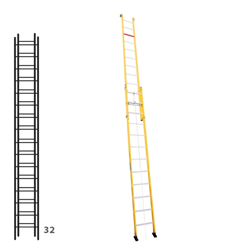 [046308] Escalera de fibra de vidrio apoyable de dos tramos con cuerda con 2 x 16 peldaños - Dim.: 450 x 8320h mm - amarillo