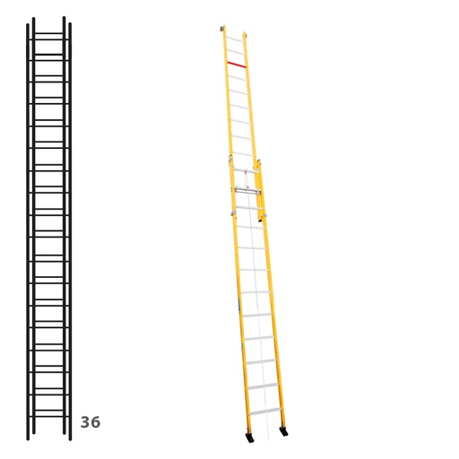 [046310] Escalera de fibra de vidrio apoyable de dos tramos con cuerda con 2 x 18 peldaños - Dim.: 450 x 9440h mm - amarillo