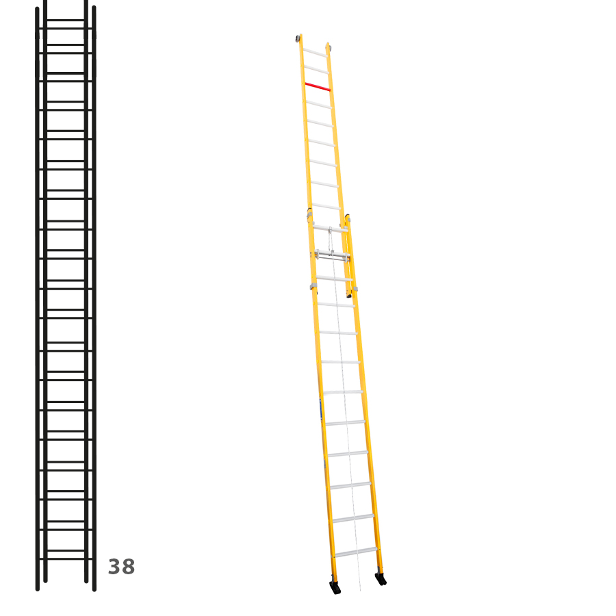 [046311] Escalera de fibra de vidrio apoyable de dos tramos con cuerda con 2 x 19 peldaños - Dim.: 450 x 10000h mm - amarillo