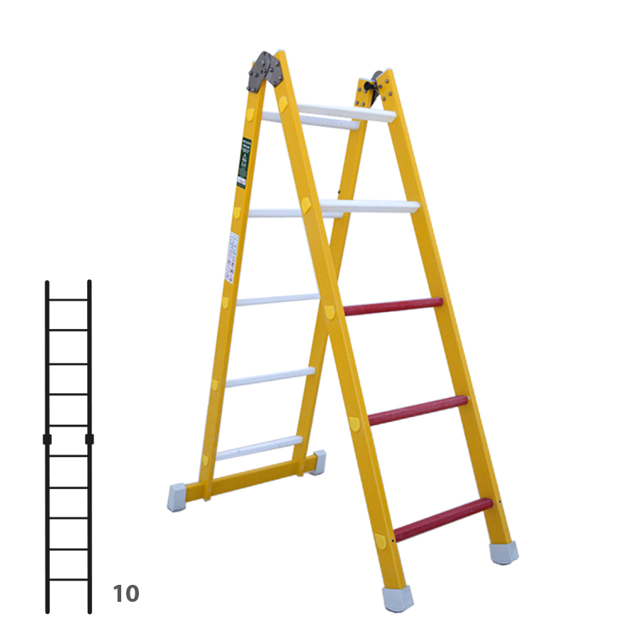 [046351] Escalera de fibra de vidrio transformable un tramo plegable con 2 x 5 peldaños - Dim.: 400 x 1460h mm - amarillo