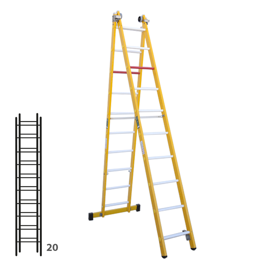 [046357] Escalera de fibra de vidrio transformable dos tramos plegable con 2 x 10 peldaños - Dim.: 450 x 4960h mm - amarillo