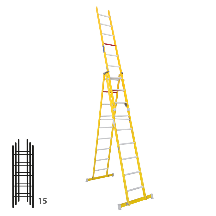 [046360] Escalera de fibra de vidrio transformable tres tramos plegable con (2 x 5) + 5 peldaños - Dim.: 400 x 2395h mm - amarillo
