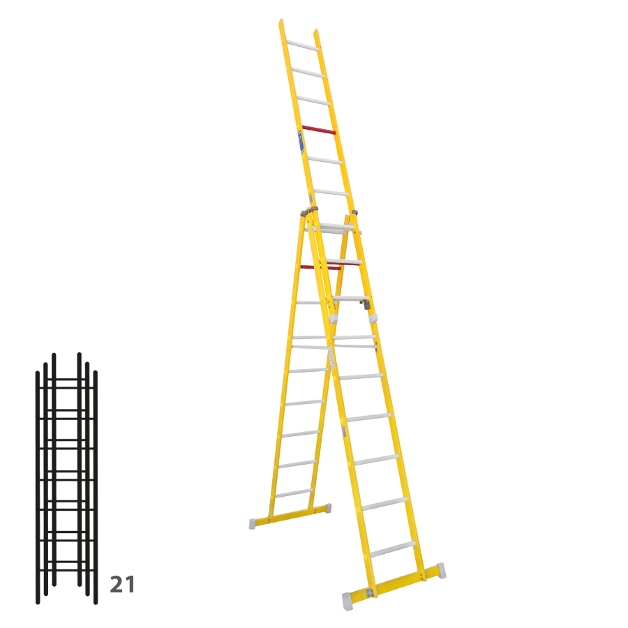 [046362] Escalera de fibra de vidrio transformable tres tramos plegable con (2 x 7) + 7 peldaños - Dim.: 400 x 3515h mm - amarillo