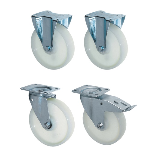 [046534] Juego de 4 ruedas de nylon de Ø180x50 mm, 2 giratorias y 2 fijas (1 con freno) y 350 kg/rueda