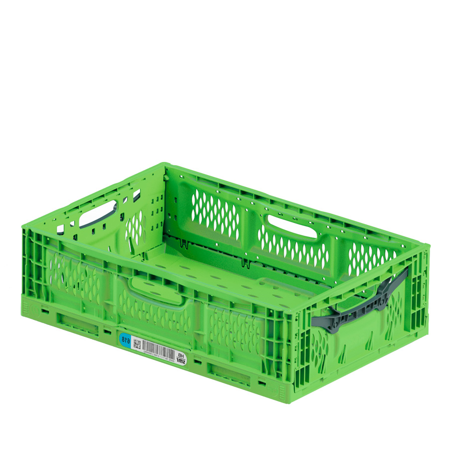[046613] Caja plástica plegable para fruta y verdura de fondo y paredes perforadas y asas abiertas - Dim.: 600x400x180h mm - Verde