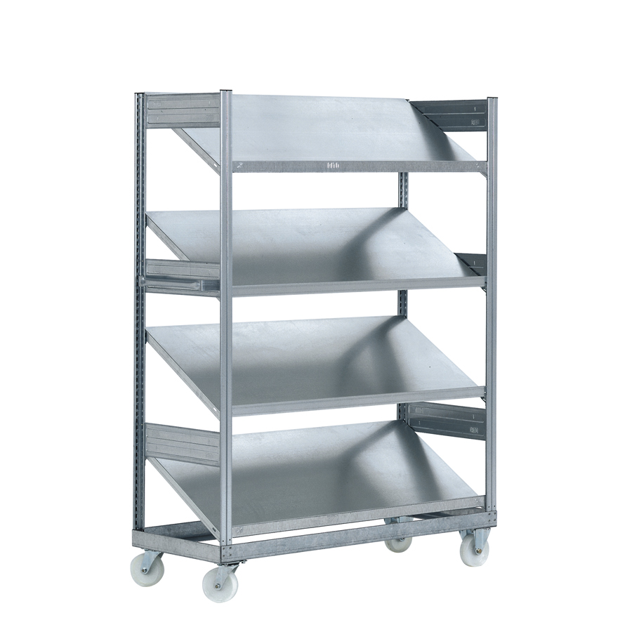 [046896] Estantería industrial móvil con 4 estantes inclinados de carga 100 kg - Dim.: 1368x533x1815h mm - Galvanizado