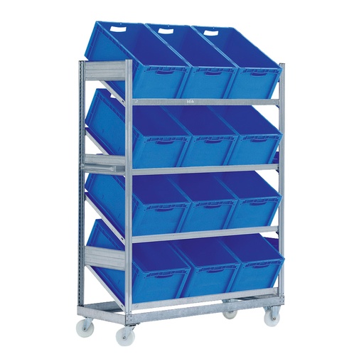 [047312] Estantería industrial móvil con 4 estantes inclinados y 12 cajas plásticas azules - Dim.: 1368x533x1815h mm - Galvanizado