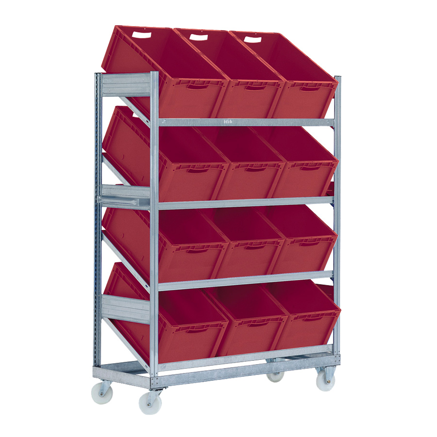 [047313] Estantería industrial  móvil con 4 estantes inclinados y 12 cajas plásticas rojas - Dim.: 1368x533x1815h mm - Galvanizado