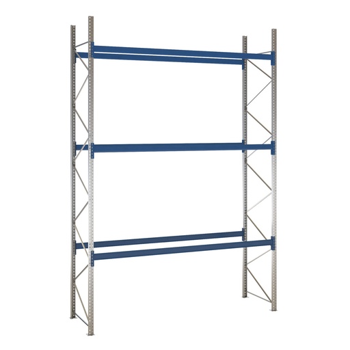 [047933] Estantería de paletización incial con 3 niveles de carga de 3300 kg cada uno - Dim.: 3500x1100x5000h mm - Galvanizado y azul ral 5010