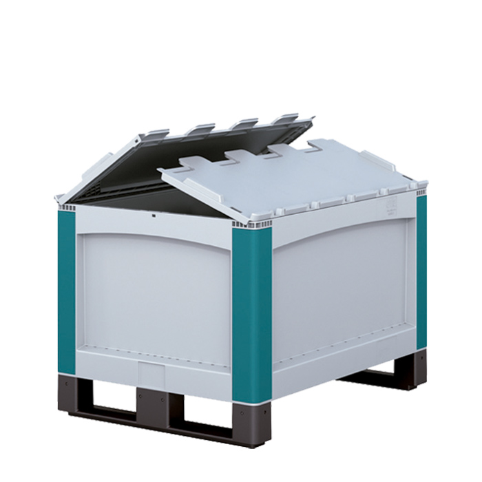 [048125] Contenedor de plástico con patines y tapas superiores abatibles - Dim.: 800x600x520h mm - Gris