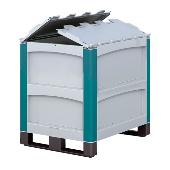 [048126] Contenedor de plástico con patines y tapas superiores abatibles - Dim.: 800x600x720h mm - Gris