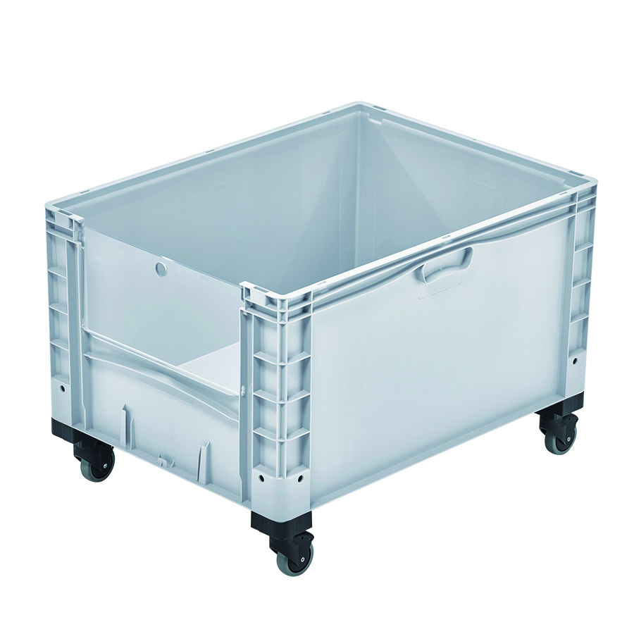 [048689] Contenedor plástico Basicline Plus con ventana, tapa y ruedas de ø100 mm (2 con freno) - Dim.: 800x600x560h mm - Gris