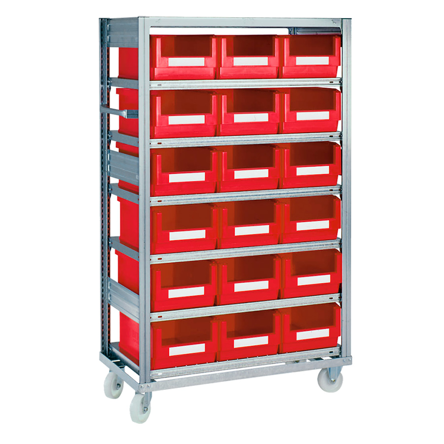 [048737] Estantería industrial móvil con 7 estantes planos y 18 cajas plásticas rojas - Dim.: 1068x533x1815h mm - Galvanizado